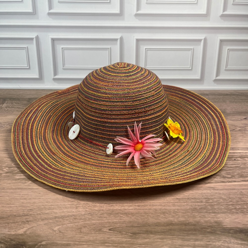 Sun N Sand Sun Hat Women Multi Color Striped Floral Shell Button Wide Brim OS